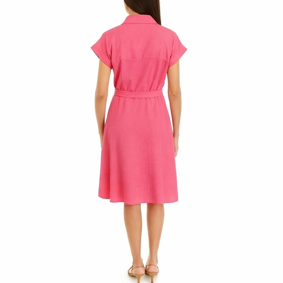 Calvin Klein Hot Pink Button-Front Fit & Flare Gauze Preppy Feminine Shirt Dress - Picture 10 of 11